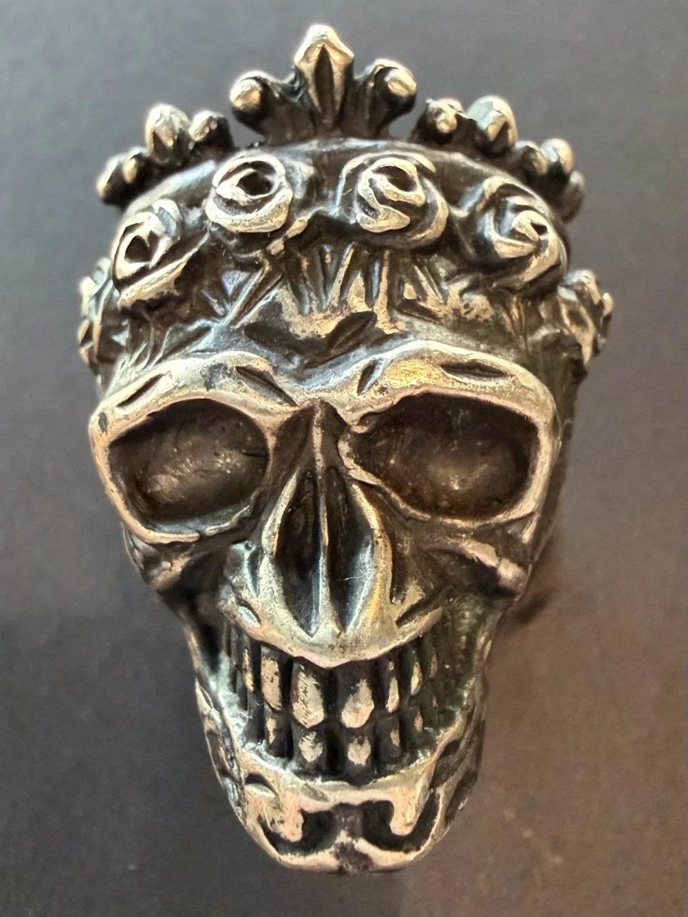 .925 Sterling Silver Crowned Tiara Skull Statement Ring Size 10